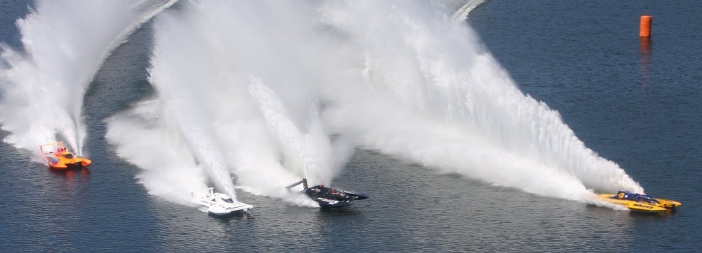That’s tough racing - left to right ’Annihilator 3’ (Ken Lupton), Annihilator 2 (David Alexander), ’The Boss’ (J.Michael Kelly) and ’Warlord’ (Brett Niddrie. - GP hydroplanes © Phillip Hoskyn